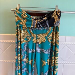 Fold over Baroque Print Wide Leg Pants